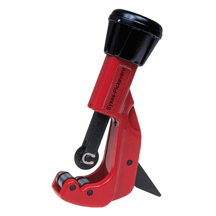 A red telescopic pipe tube cutter with black accents, designed for cutting metal pipes.