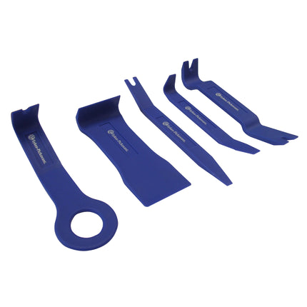 A set of five blue plastic trim tool pullers of various shapes designed for removing vehicle trim panels.