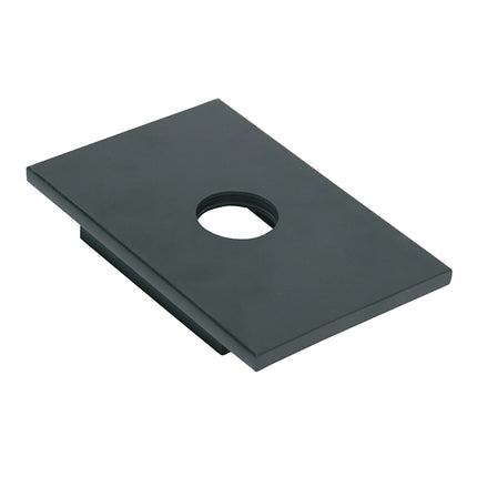 A  metal press plate with a hole in the center, designed for use with a hydraulic workshop press.