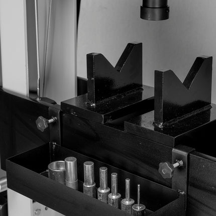 universal tray shown attached to a workshop press, holding press pieces (press pieces shown for illustrative purposes only)