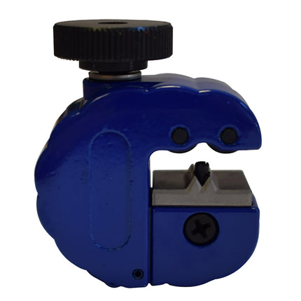 A blue brake pipe coating removal tool with metal components and a black adjustment knob.