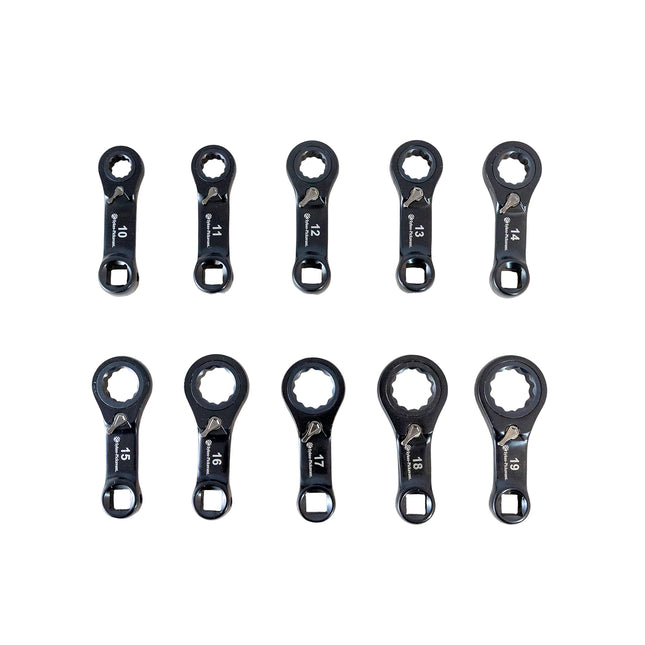 set of 10 ratcheting ring torque adaptors with sizes 10to 19mm showing
