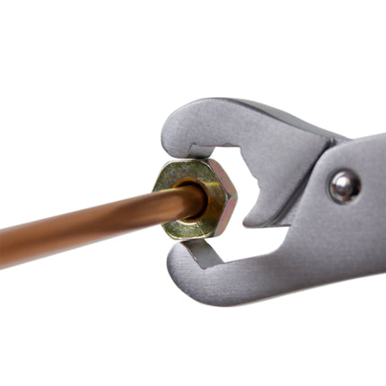 Lockjaw wrench shown being fitted to a nut on the end of a pipe