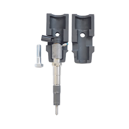 Diesel injector held with the GO544 clamp block with securing bolt, illustrating proper set up for safe and stable injector extraction