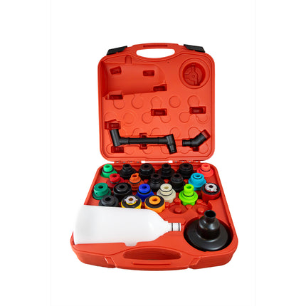 engine oil filler kit 20 caps of various colours with a white funnel in a red blow moulded storage case